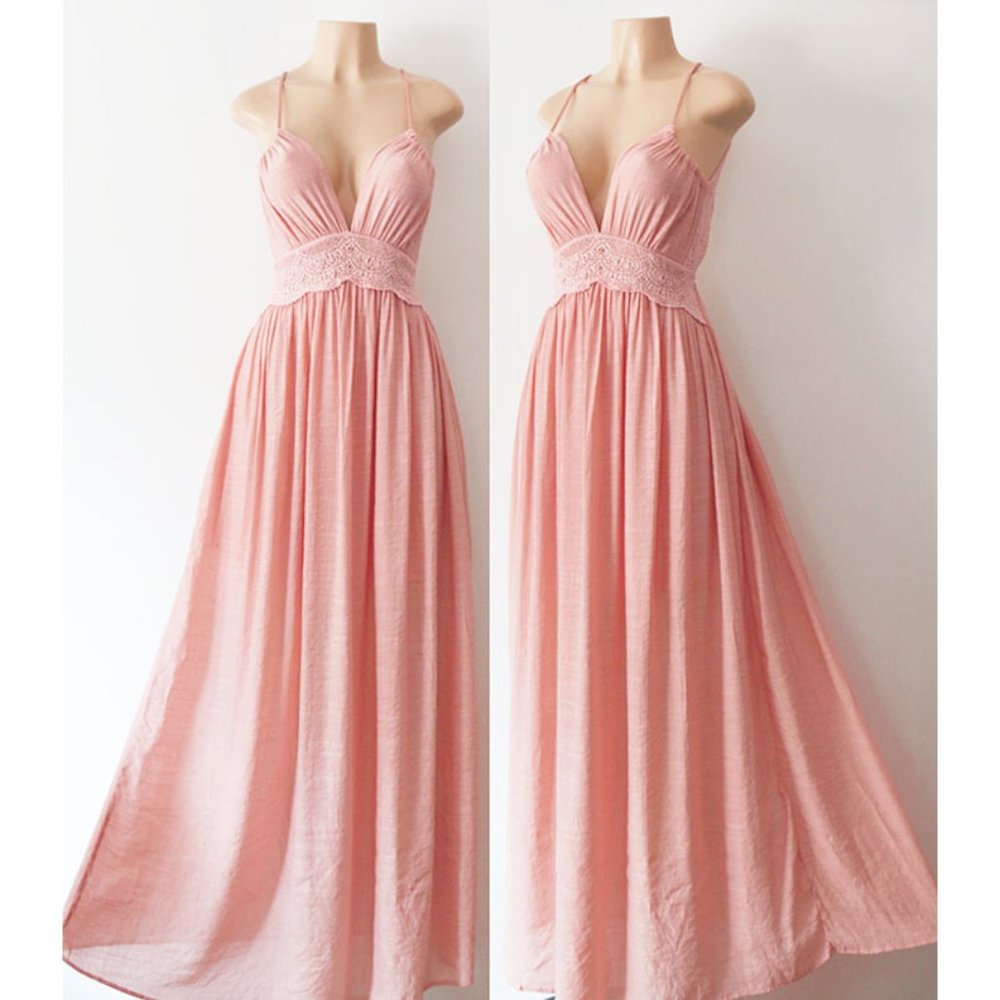 Pink Crochet Lace Open Back Halter Boho Maxi Dress - Picture 6 of 8